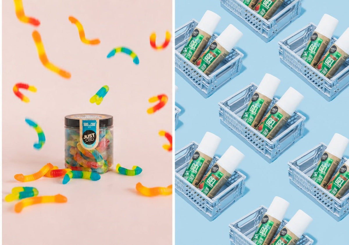 JustCBD CBD gummy worms jar and CBD gel